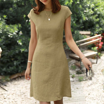 Olive green linen knee-length A-line dress with a V-neck and short sleeves, designed for a comfortable fit.