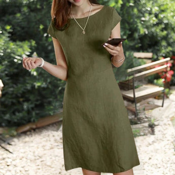 Olive green knee-length A-line dress made of linen featuring a V-neck and short sleeves, displayed in a light green color and XL size.