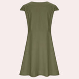 Olive green knee-length A-line dress made of linen with a V-neck and short sleeves.