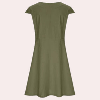 Olive green knee-length A-line dress made of linen with a V-neck and short sleeves.