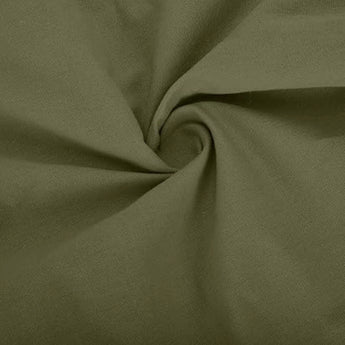 Olive green linen knee-length A-line dress with a V-neck and short sleeves, featuring a simple and elegant design.