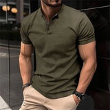 Olive green men's fitted polo shirt with short sleeves, displayed on a model. The shirt features a smart casual design, suitable for various occasions. The model is wearing a light green variant in size 2XL.