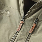 Olive green men's lightweight hooded windbreaker jacket with long sleeves and a water-resistant textile, featuring a front zip closure and a casual design.