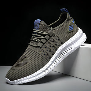 Olive green men's lightweight breathable sneakers with cushioned sole, shown in gray/blue color, suitable for outdoor activities and running, displayed in size 48.