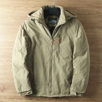 Olive green men's lightweight hooded windbreaker in khaki, size 5XL, featuring long sleeves and a water-resistant fabric.
