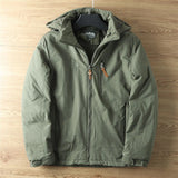 Olive green men's lightweight hooded windbreaker jacket in light green color, size 5XL, featuring long sleeves, a collar, and multiple pockets.