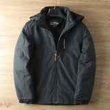 Men's windbreaker jacket in black, featuring a lightweight and water-resistant design with a hood, long sleeves, and a full front button closure.