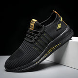 Men's lightweight breathable sneakers in olive green with a cushioned sole, featuring a black and yellow color combination, suitable for walking and outdoor sports activities.