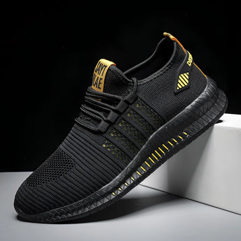 Men's lightweight breathable sneakers in olive green with a cushioned sole, featuring a black and yellow color combination, suitable for walking and outdoor sports activities.