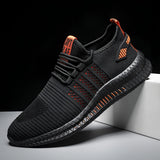 Olive green men's lightweight breathable sneakers with a cushioned sole, featuring a black and orange color scheme in size 48, designed for outdoor activities and walking.