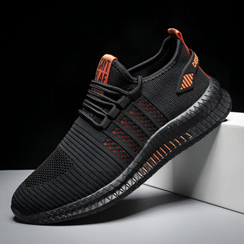 Olive green men's lightweight breathable sneakers with a cushioned sole, featuring a black and orange color scheme in size 48, designed for outdoor activities and walking.