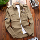 Men's tactical long sleeve shirt in khaki color, featuring a classic collar and button-up design, suitable for military or outdoor activities.