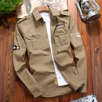 Men's tactical long sleeve shirt in khaki color, featuring a classic collar and button-up design, suitable for military or outdoor activities.