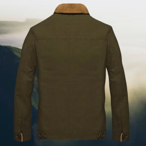 Olive green men's vintage military utility jacket featuring a sherpa collar, button closure, and long sleeves.