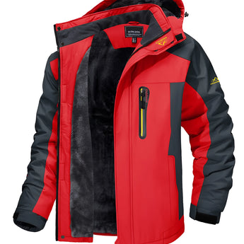 Red men's insulated ski parka with waterproof fabric, featuring a high collar and long sleeves, designed for outdoor sports and personal protection in cold weather.