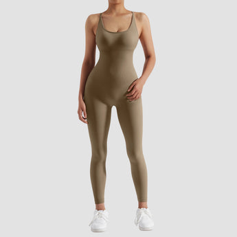 Olive green seamless women's athletic bodysuit in size XL, featuring a moisture-wicking design. The bodysuit has a form-fitting style with coverage over the shoulders and thighs, along with a well-defined waist and chest area.