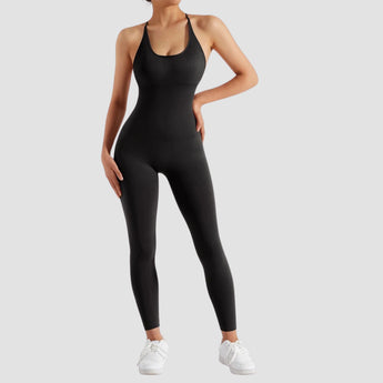 Olive green seamless women's athletic bodysuit with moisture-wicking fabric, featuring a sleeveless design and fitted to the waist, ideal for yoga or active wear.