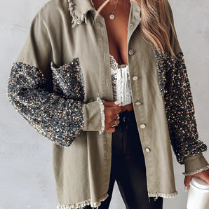 Olive green oversized boho shirt with sequin patchwork, featuring a distressed hem, long sleeves, and a collar.
