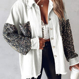 Oversized boho shirt in olive green with white sequin patchwork, featuring a distressed hem, long sleeves, and a relaxed fit suitable for a 2XL size.