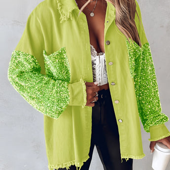 Olive green sequin patchwork oversized boho shirt with distressed hem, featuring yellow-green color, 2XL size, long sleeves, and a relaxed collar.