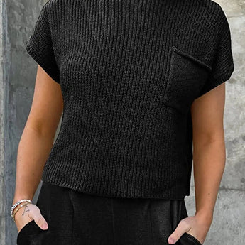 Women's black XL short sleeve knit sweater with a pocket, showcasing a summer knitwear design.