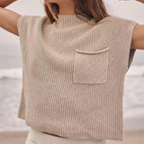 Olive green short sleeve knit sweater with pocket designed for women's summer wear, featuring a round neckline and relaxed fit, shown in a beige color and XL size.