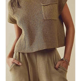 Olive green short sleeve knit sweater with a pocket, designed for women, shown in Khaki color and XL size. The sweater features a round neckline and a comfortable fit suitable for summer wear.