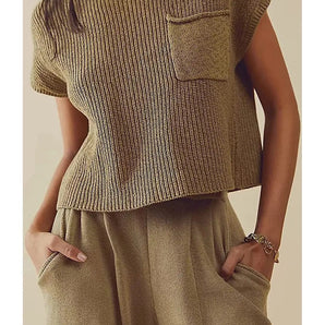Olive green short sleeve knit sweater with a pocket, designed for women, shown in Khaki color and XL size. The sweater features a round neckline and a comfortable fit suitable for summer wear.