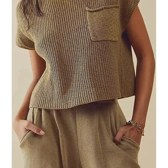 Olive green short sleeve knit sweater with a pocket, designed for women, shown in Khaki color and XL size. The sweater features a round neckline and a comfortable fit suitable for summer wear.