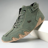 Olive green suede men's high-top sneakers featuring a stylish urban fashion design, suitable for outdoor activities and athletic wear.