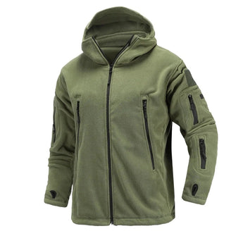 Olive green tactical fleece hoodie with military-style insulation, featuring long sleeves, a hood, full front zipper closure, and multiple pockets.