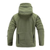 Olive green tactical fleece hoodie with a full zipper, long sleeves, and a high collar, designed as an insulated military jacket.