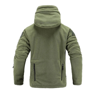 Olive green tactical fleece hoodie with a full zipper, long sleeves, and a high collar, designed as an insulated military jacket.