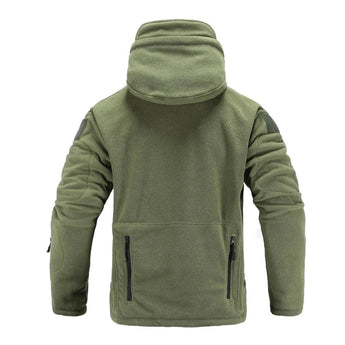 Olive green tactical fleece hoodie with a full zipper, long sleeves, and a high collar, designed as an insulated military jacket.