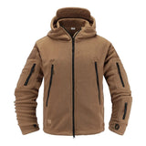 Brown tactical fleece hoodie with a full front zipper, featuring a high collar, long sleeves, and multiple practical pockets, designed as an insulated military-style outerwear in size 4XL.