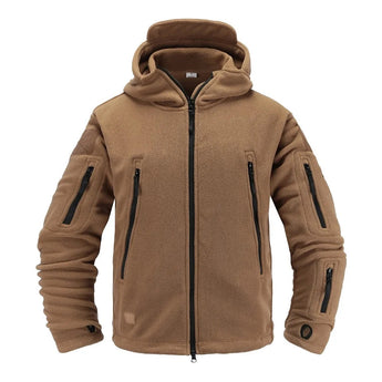Brown tactical fleece hoodie with a full front zipper, featuring a high collar, long sleeves, and multiple practical pockets, designed as an insulated military-style outerwear in size 4XL.