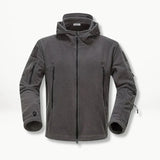 Gray tactical fleece hoodie, 4XL size, featuring long sleeves, full zip closure, collar, and multiple pockets, made from natural material.