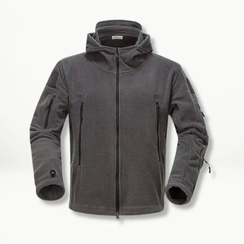 Gray tactical fleece hoodie, 4XL size, featuring long sleeves, full zip closure, collar, and multiple pockets, made from natural material.