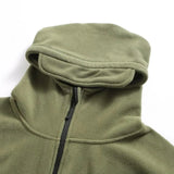 Olive green tactical fleece hoodie with a military-inspired design featuring a full zipper, long sleeves, and a stylish collar. The jacket is insulated for warmth and includes fur trim detailing for added comfort and style.