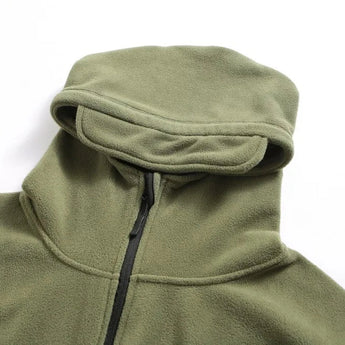 Olive green tactical fleece hoodie with a military-inspired design featuring a full zipper, long sleeves, and a stylish collar. The jacket is insulated for warmth and includes fur trim detailing for added comfort and style.