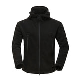 Black tactical fleece hoodie featuring a military-inspired insulated design, with long sleeves, a high neck collar, and a full zip closure.