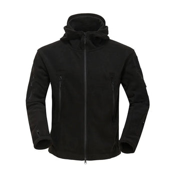 Black tactical fleece hoodie featuring a military-inspired insulated design, with long sleeves, a high neck collar, and a full zip closure.