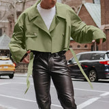 Women's olive green tie-waist cropped blazer in size XL, styled for an office setting, with a focus on the fashionable design and fit.