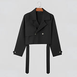 Women's olive green cropped blazer featuring a tie-waist design, suitable for office wear; displayed is a black XL variant with a classic collar and long sleeves.