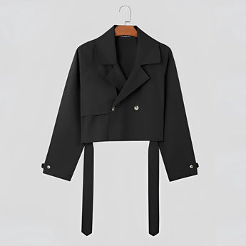 Women's olive green cropped blazer featuring a tie-waist design, suitable for office wear; displayed is a black XL variant with a classic collar and long sleeves.