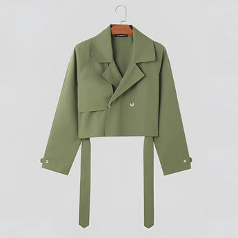 
A women's olive green cropped blazer featuring a tie-waist design, suitable for office settings. The blazer has long sleeves, a structured collar, and a tailored fit, blending professional style with contemporary fashion.