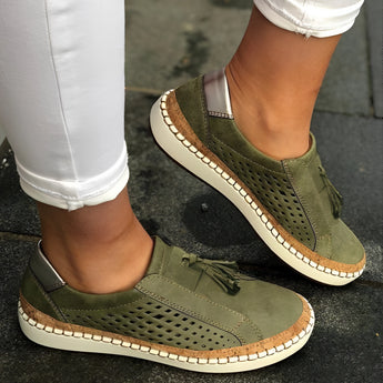 Olive green women's breathable suede sneakers with a stylish design and slip-resistant sole, shown in size 43, featuring a combination of green, white, and black colors.