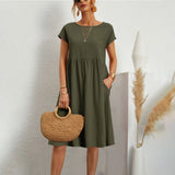 Olive green women's casual summer midi dress with short sleeves and a crew neck, shown in size 2XL.