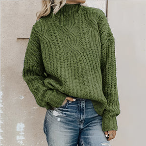 Olive Green Women's Chunky Cable Knit Turtleneck Sweater