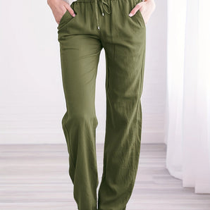 Olive green women's drawstring pants in size 5XL (54), featuring a lightweight, relaxed fit and breathable fabric.